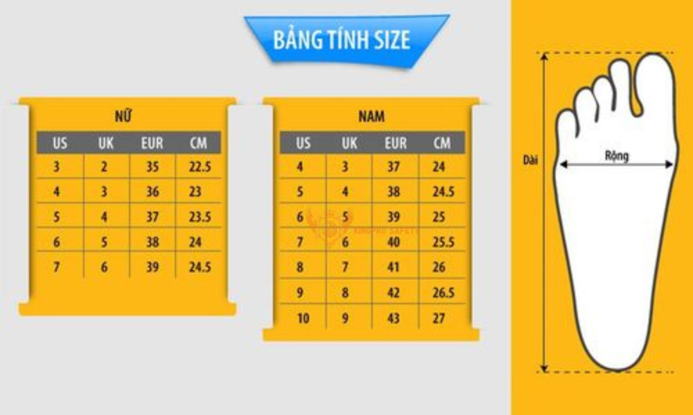 Bảng tính size giày bảo hộ lao động