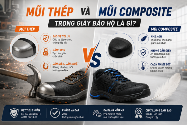 Phân biệt mũi thép và mũi composite trong giày bảo hộ